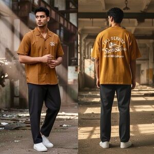 NWT Lark & Owl Men's Motorcycle Speed Shop Button Up Shirt in Burnt Orange L